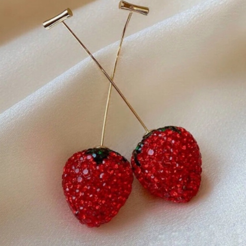 New Free People Strawberry And Stem Fruit Threader Dangle Earrings - Picture 6 of 15